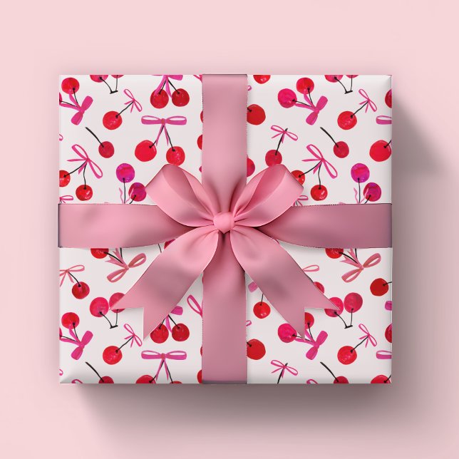 Papier Cadeau Motif cerises et arcs (Coquette cherry and bow girly pattern wrapping paper rolls. Great for girls birthday or baby shower.)