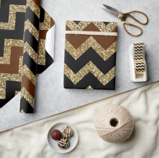 Papier Cadeau Motif chevron élégant noir et brun paillettes doré
