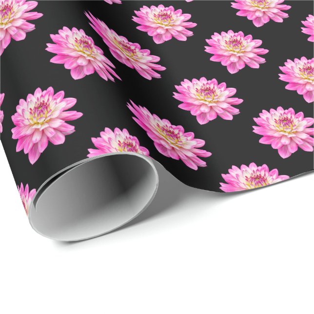 Papier Cadeau Motif Chrysanthemum - Couleur complète sur noir (Coin rond)