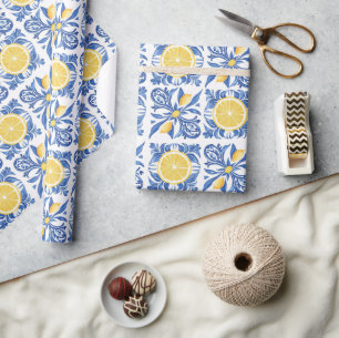 Papier Cadeau Motif citron bleu méditerranéen