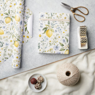 Papier Cadeau Motif citron et fleurs sauvages de campagne frança