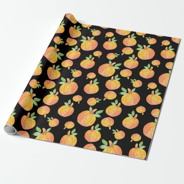 Papier Cadeau Motif Citrouille Aquarelle Arrière - plan noir (Déroulé)
