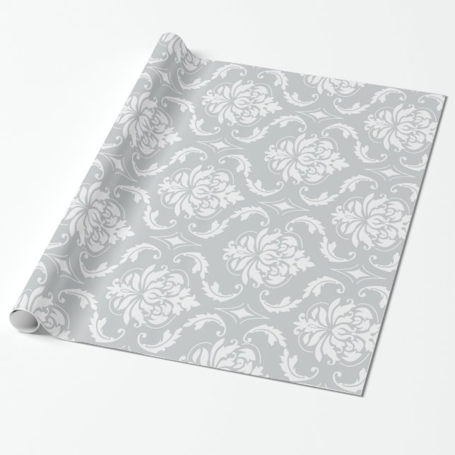 Papier Cadeau Motif classique de damassé de blanc gris (Déroulé)