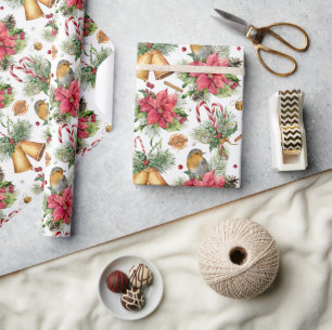 Papier Cadeau Motif classique des cloches et des oiseaux en or d