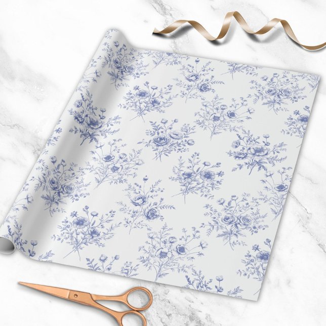 Papier Cadeau Motif Classique Fleurs Bleues Toile de Jouy bleu f (In situ)