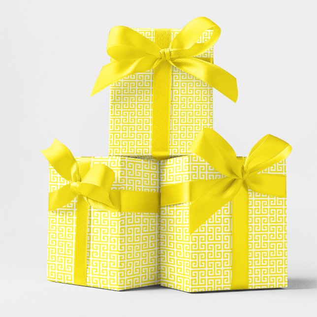 Papier Cadeau Motif clé grec jaune et blanc vif (Bright Yellow and White Greek Key Pattern Wrapping Paper Roll)