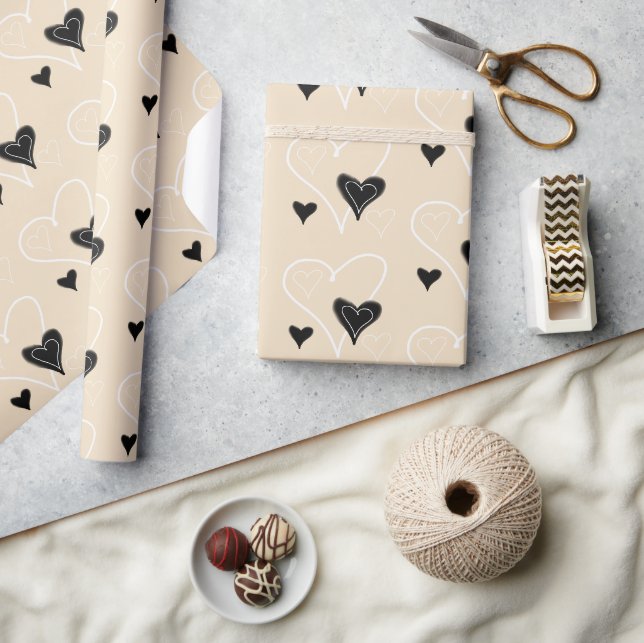 Papier Cadeau Motif Coeurs mignons Noir et Blanc (Artisanat)
