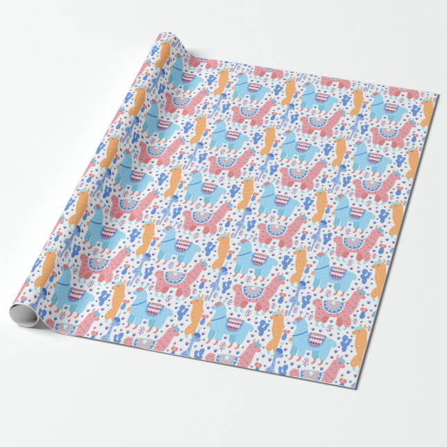 Papier Cadeau Motif coloré lumineux d'alpaga (Déroulé)