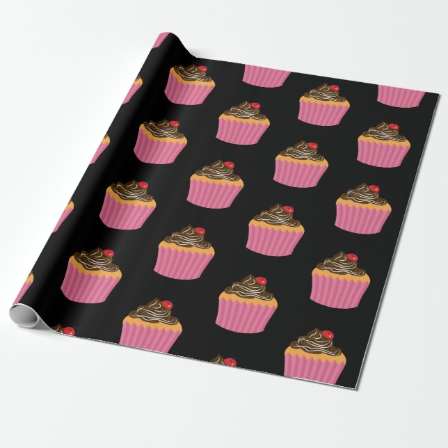 Papier Cadeau Motif Cool De Cupcake Rose Sur Noir (Déroulé)