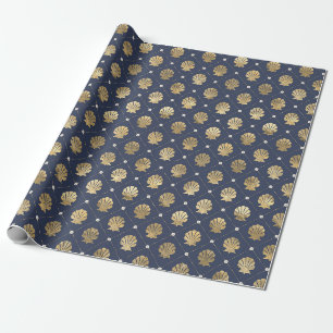 Papier Cadeau Motif coquillage nautique bleu et or