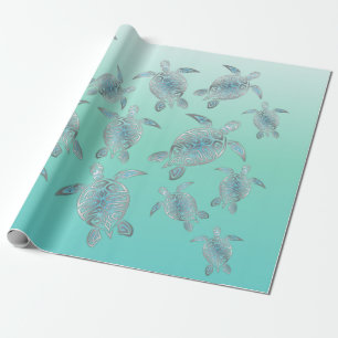 Papier Cadeau Motif côtier des tortues de mer turquoise en argen