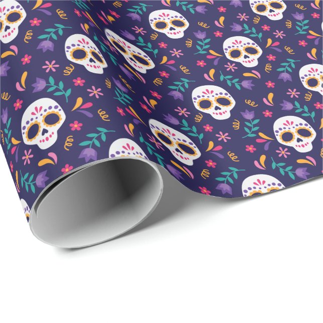 Papier Cadeau Motif crâne de sucre floral pourpre (Coin rond)