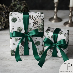 Papier Cadeau Motif crâne vert et blanc St Patricks Day Goth