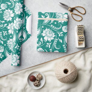 Papier Cadeau Motif damassé floral blanc et bleu turquoise