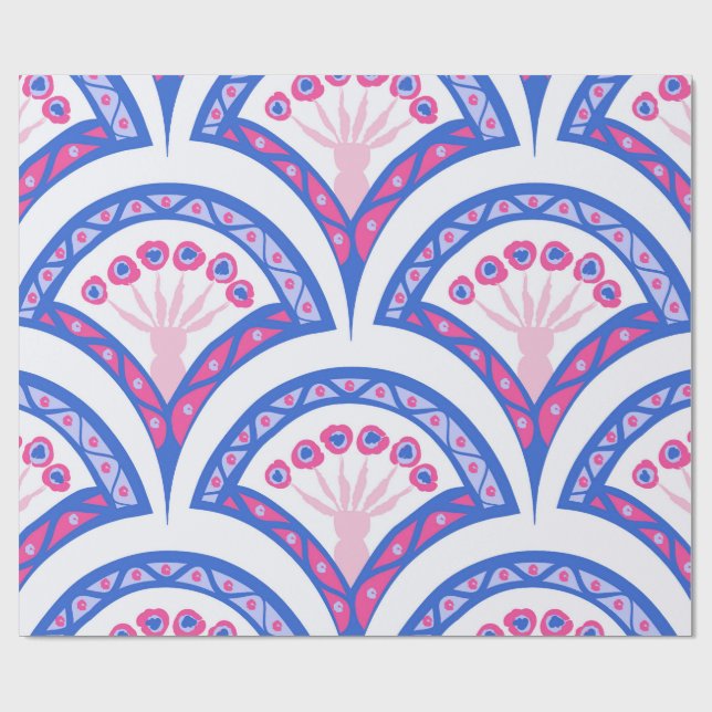 Papier Cadeau motif damassé floral bleu (Plat)