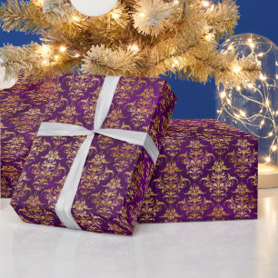 Papier Cadeau Motif damassé or et violet ornemental