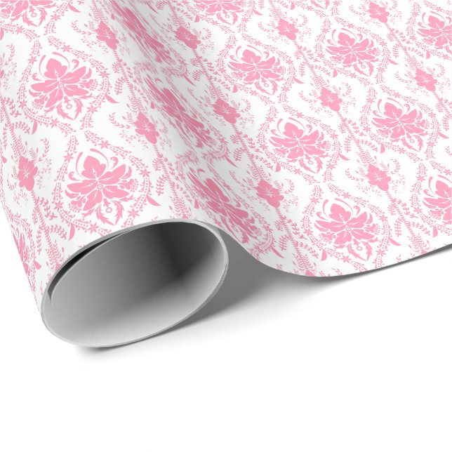 Papier Cadeau motif damassé rose blanc (Coin rond)