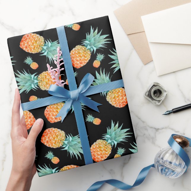 Papier Cadeau Motif d'ananas en or sur noir | Fruits tropicaux (Cadeaux)