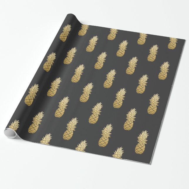 Papier Cadeau Motif d'ananas Gold Faux Foil (Déroulé)