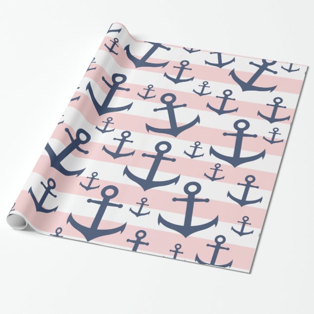 Papier Cadeau Motif d'ancrage bleu marine à rayures rose marine (Déroulé)