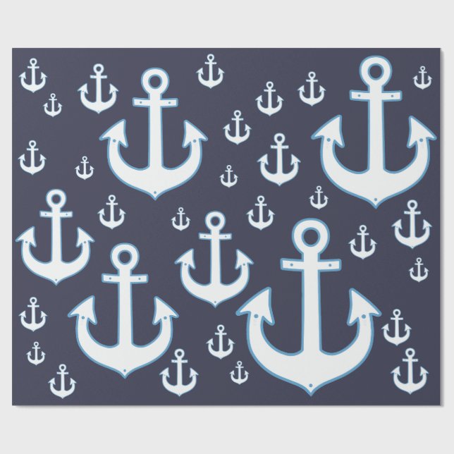 Papier Cadeau motif d'ancres blanches sur bleu marine (Plat)