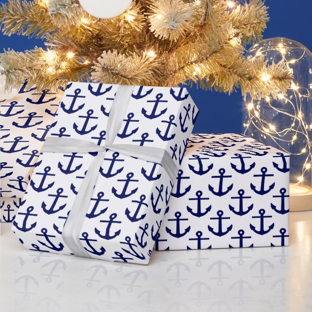 Papier Cadeau Motif d'Ancres Bleu blanc et bleu marine (Vacances)