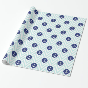 Papier Cadeau Motif d'Ancres bleu marine Chevron nautique