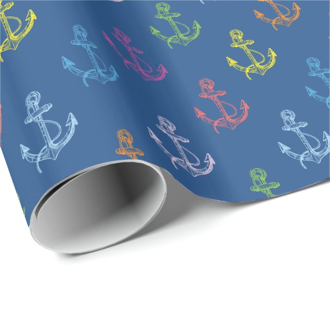 Papier Cadeau Motif d'Ancres nautiques multicolores (Coin rond)
