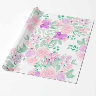 Papier Cadeau motif d'aquarelle fleurie violette rose vif modern