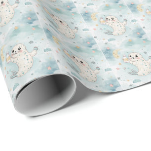 Papier Cadeau Motif d'aquarelle Harp Seal Cute Baby Pastel