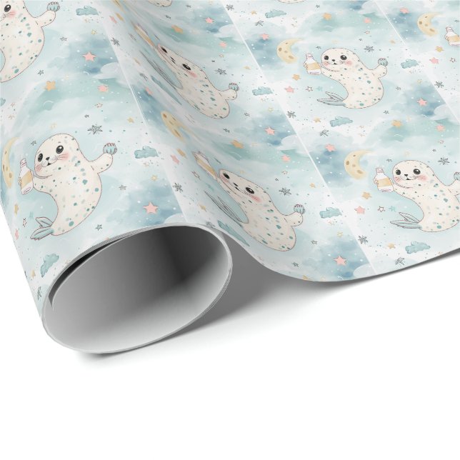 Papier Cadeau Motif d'aquarelle Harp Seal Cute Baby Pastel (Coin rond)