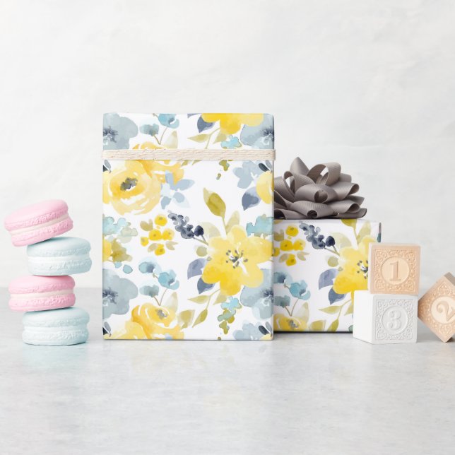 Papier Cadeau Motif d'aquarelle jaune et bleu (Baby Shower)