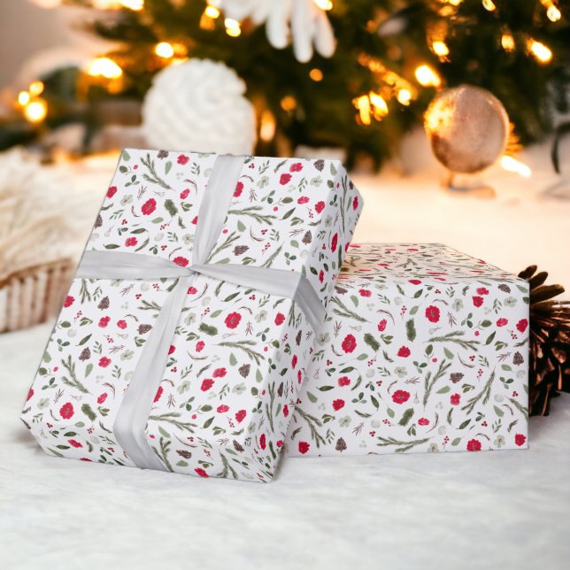 Papier Cadeau Motif d'aquarelle rouge floral de Noël rustique (Rustic Christmas floral red watercolor pattern Wrapping Paper on white)