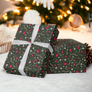 Papier Cadeau Motif d'aquarelle rouge floral de Noël rustique