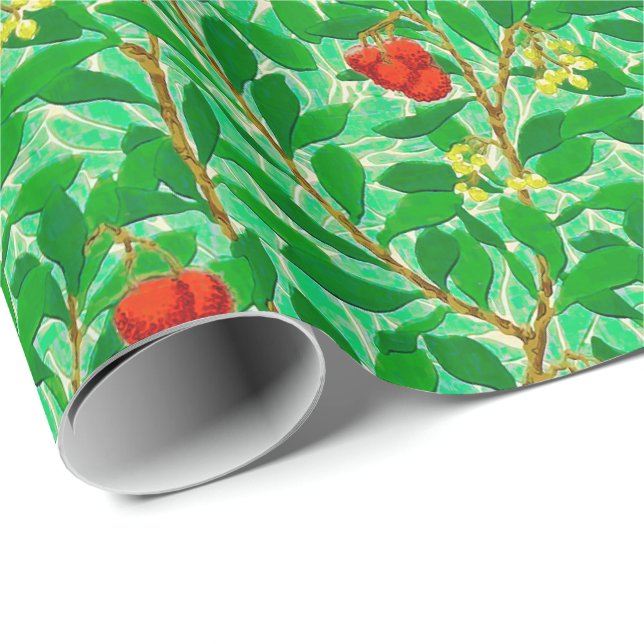 Papier Cadeau Motif d'arbre de litchi de William Morris, vert (Coin rond)