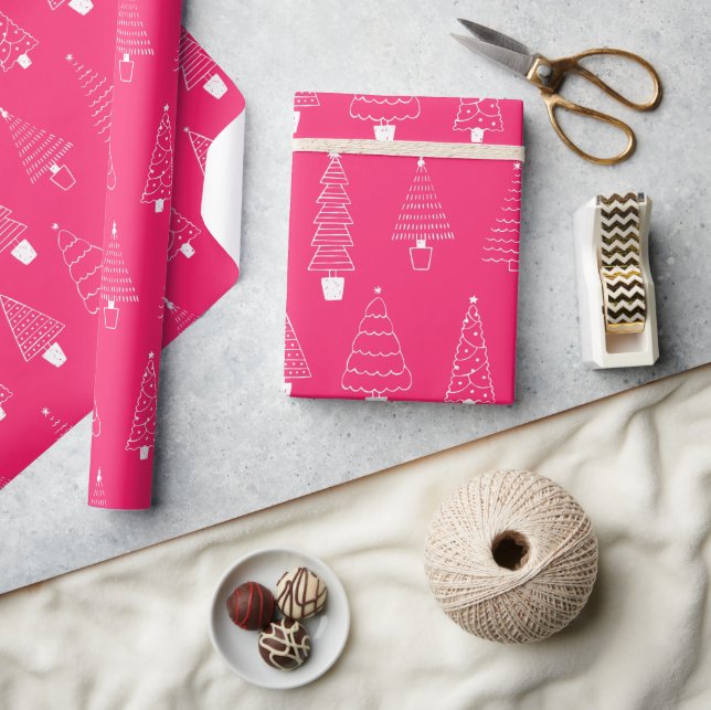 Papier Cadeau Motif d'arbre de Noël blanc rose chaud (Artisanat)