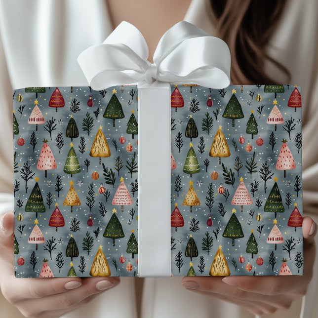 Papier Cadeau Motif d'arbre de Noël de forêt hivernale fantaisis (Créateur téléchargé)