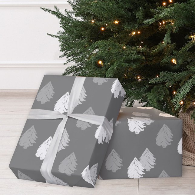Papier Cadeau Motif d'arbre de Noël gris blanc (Créateur téléchargé)