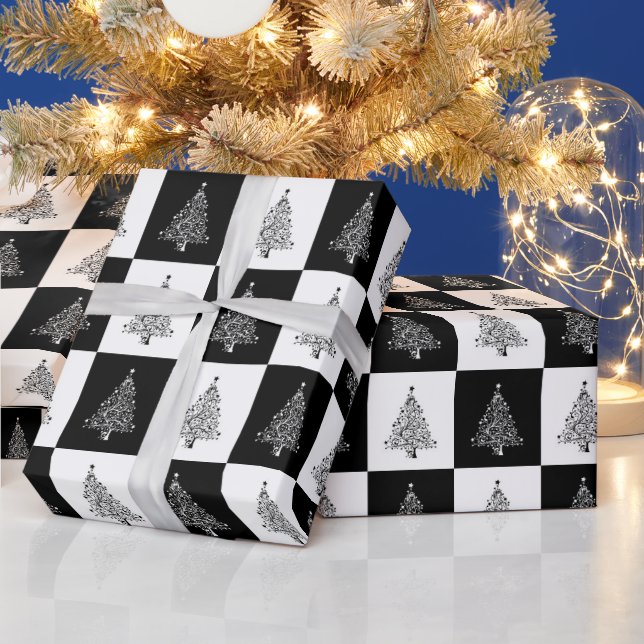 Papier Cadeau Motif d'arbre de Noël noir blanc (Vacances)