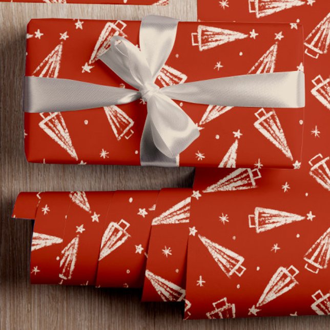 Papier Cadeau Motif d'arbre de Noël rouge (Beautiful Red background with white Christmas trees, the perfect touch to  Christmas gift wrapping)
