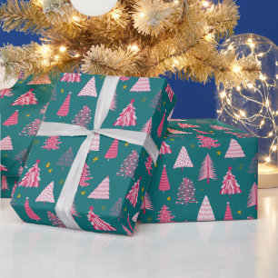 Papier Cadeau Motif d'arbre de Noël turquoise et rose