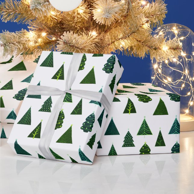 Papier Cadeau Motif d'arbre de Noël vert et blanc (Vacances)