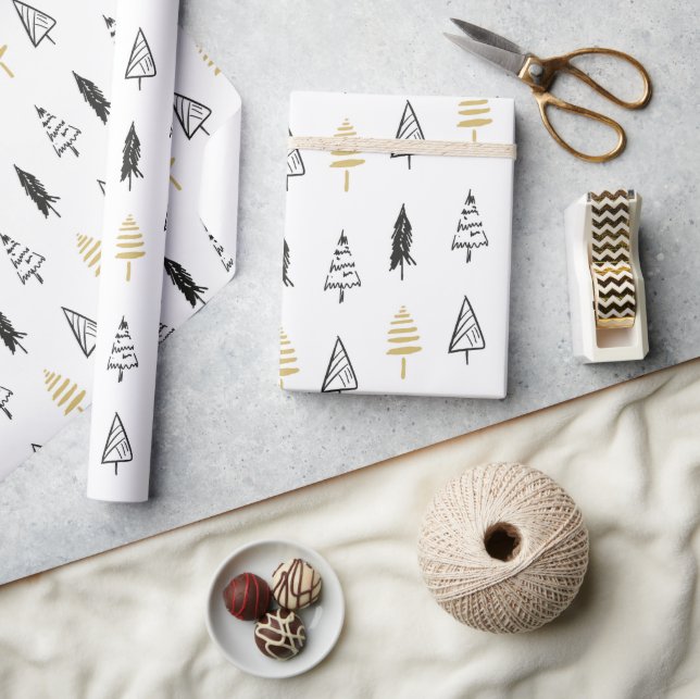 Papier Cadeau Motif d'arbre scandinave noir or mou (Artisanat)