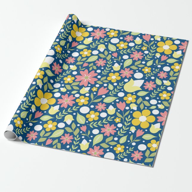 Papier Cadeau Motif d'art populaire Floral Bleu (Déroulé)
