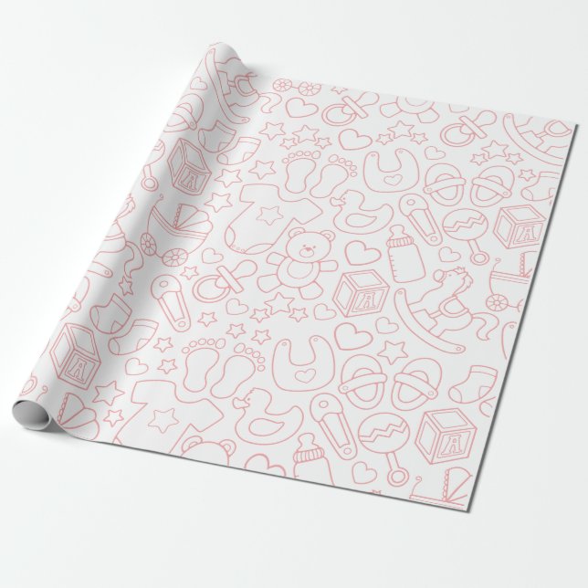 Papier Cadeau Motif d'article pour bébé rose mou (Déroulé)