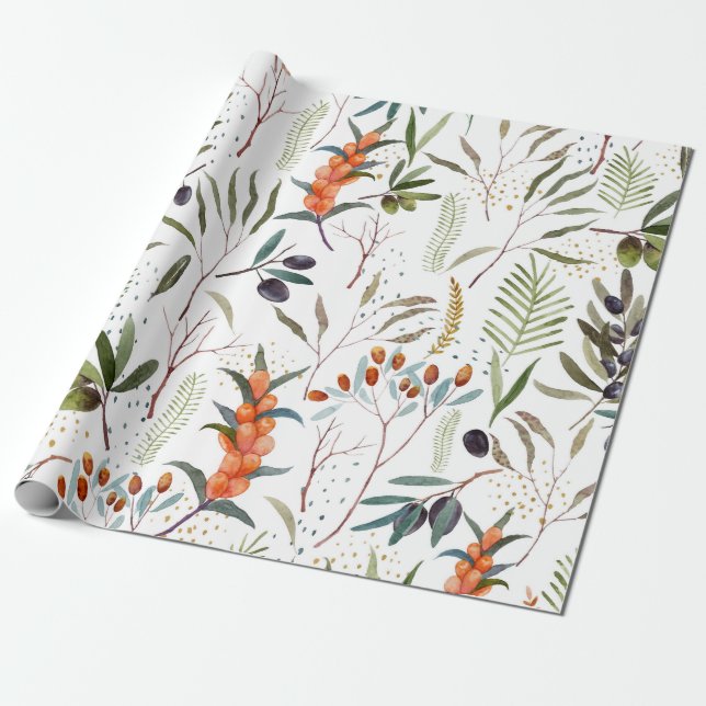 Papier Cadeau Motif de baies d'aquarelle d'hiver  (Déroulé)