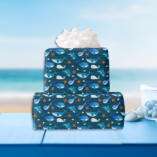 Papier Cadeau Motif de baleines Turquoises foncées (Créateur téléchargé)