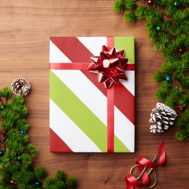 Papier Cadeau Motif de bandes diagonales rouges et vertes (Cadeau de vacances)