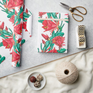 Papier Cadeau Motif de cactus à fleurs rouges vertes