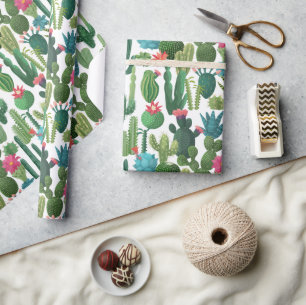 Papier Cadeau Motif de cactus Turquoises verts en fleurs